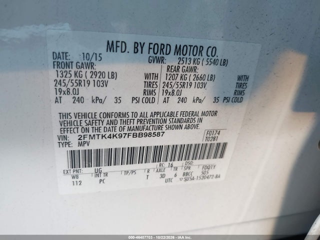 Aukcja sprzedaży 2015 Ford Edge Titanium, vin: 2FMTK4K97FBB98587, numer aukcji: 46407703