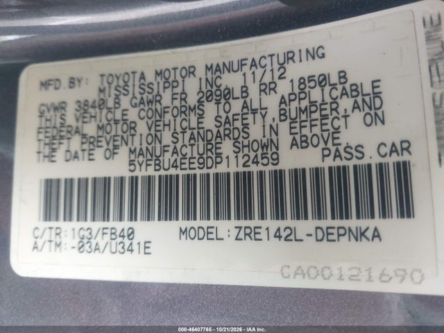 Aukcja sprzedaży 2013 Toyota Corolla Le, vin: 5YFBU4EE9DP112459, numer aukcji: 46407765