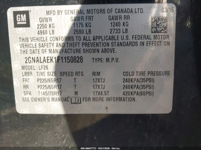 Aukcja sprzedaży 2015 Chevrolet Equinox Ls, vin: 2GNALAEK1F1150828, numer aukcji: 46407772