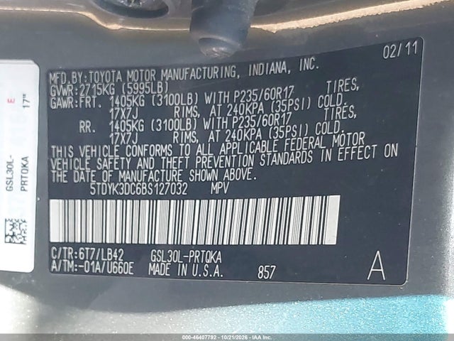 Продаж на аукціоні авто 2011 Toyota Sienna Xle V6, vin: 5TDYK3DC6BS127032, номер лоту: 46407792