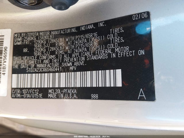 Aukcja sprzedaży 2006 Toyota Sienna Le, vin: 5TDZA23CX6S460441, numer aukcji: 46407808