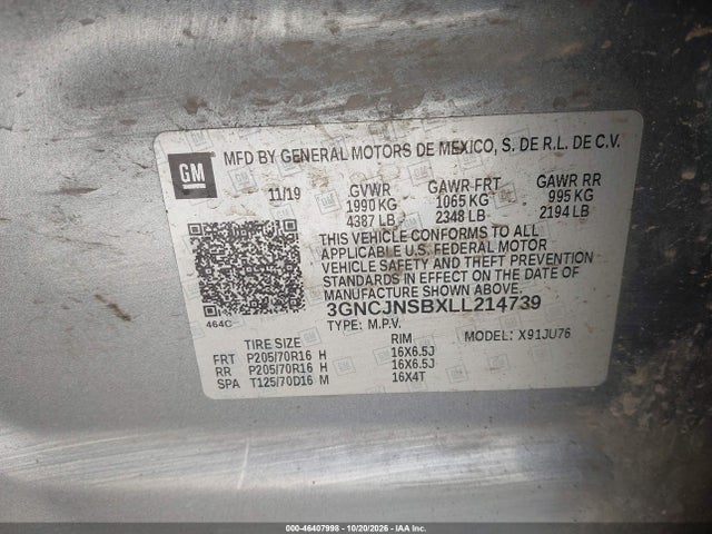 Продажа на аукционе авто 2020 Chevrolet Trax Awd Ls, vin: 3GNCJNSBXLL214739, номер лота: 46407998