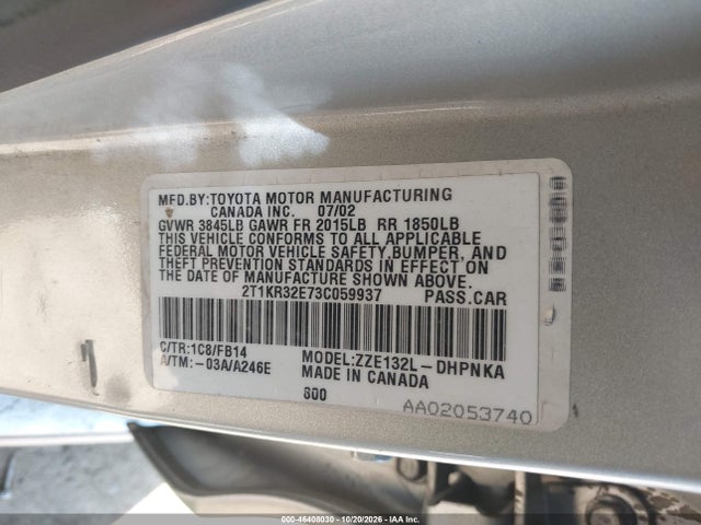 Aukcja sprzedaży 2003 Toyota Matrix Xr, vin: 2T1KR32E73C059937, numer aukcji: 46408030