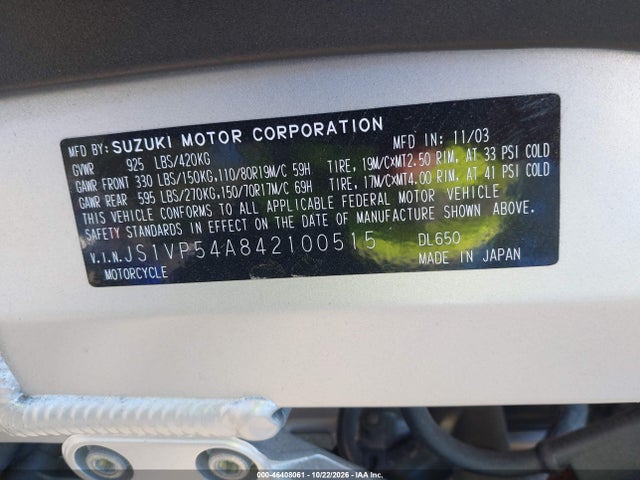 2004 Suzuki Dl650 K მანქანა იყიდება აუქციონზე, vin: JS1VP54A842100515, აუქციონის ნომერი: 46408061