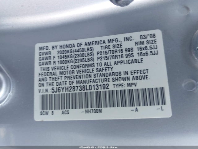 Продаж на аукціоні авто 2008 Honda Element Ex, vin: 5J6YH28738L013192, номер лоту: 46408338