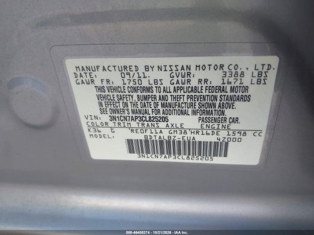 Aukcja sprzedaży 2012 Nissan Versa 1.6 Sv, vin: 3N1CN7AP3CL825205, numer aukcji: 46408374