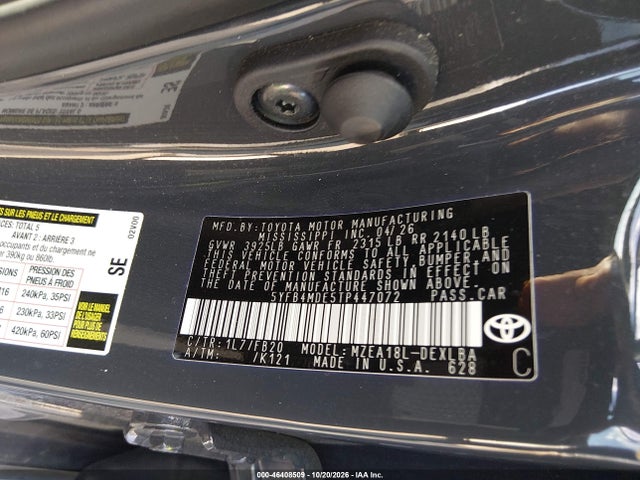 Продаж на аукціоні авто 2026 Toyota Corolla Le, vin: 5YFB4MDE5TP447072, номер лоту: 46408509