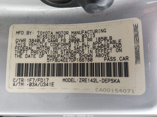 Aukcja sprzedaży 2013 Toyota Corolla S, vin: 5YFBU4EE7DP166780, numer aukcji: 46408532