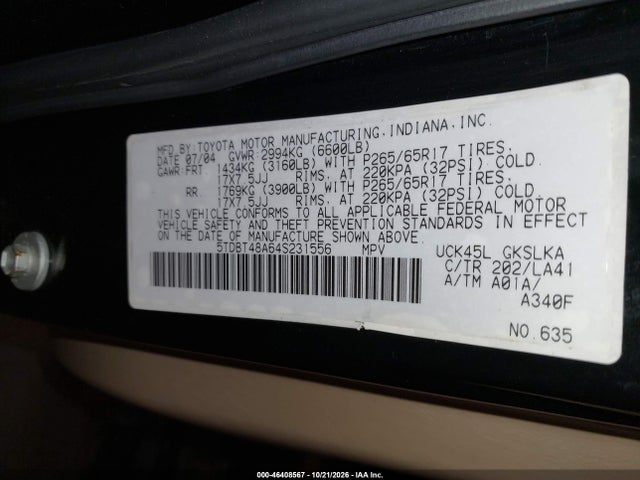 Aukcja sprzedaży 2004 Toyota Sequoia Limited V8, vin: 5TDBT48A64S231556, numer aukcji: 46408567