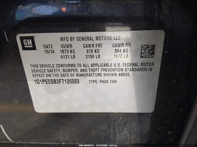 46408781 :رقم المزاد ، 1G1PE5SB3F7126583 vin ، 2015 Chevrolet Cruze 2lt Auto مزاد بيع