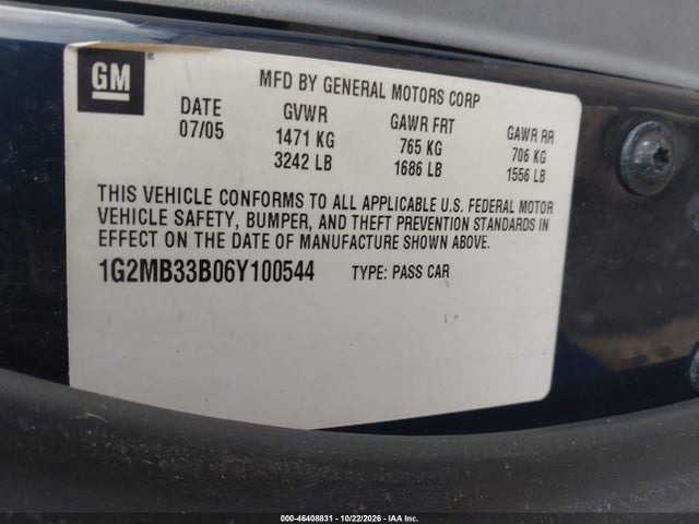 Aukcja sprzedaży 2006 Pontiac Solstice, vin: 1G2MB33B06Y100544, numer aukcji: 46408831