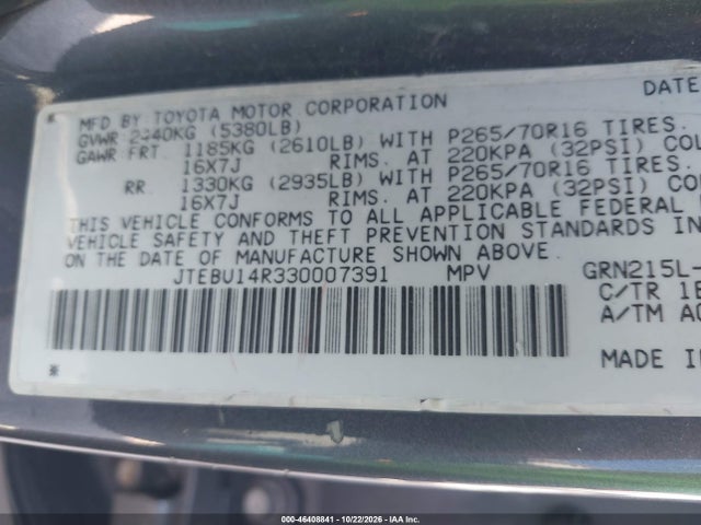 46408841 :رقم المزاد ، JTEBU14R330007391 vin ، 2003 Toyota 4runner Sr5 Sport V6 مزاد بيع