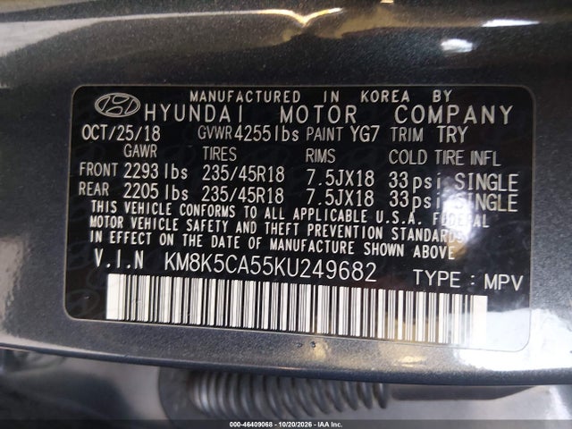 46409068 :رقم المزاد ، KM8K5CA55KU249682 vin ، 2019 Hyundai Kona Ultimate مزاد بيع