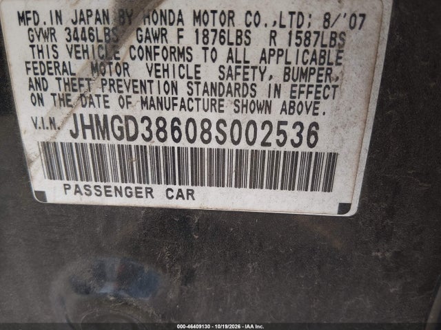 Aukcja sprzedaży 2008 Honda Fit Sport, vin: JHMGD38608S002536, numer aukcji: 46409130