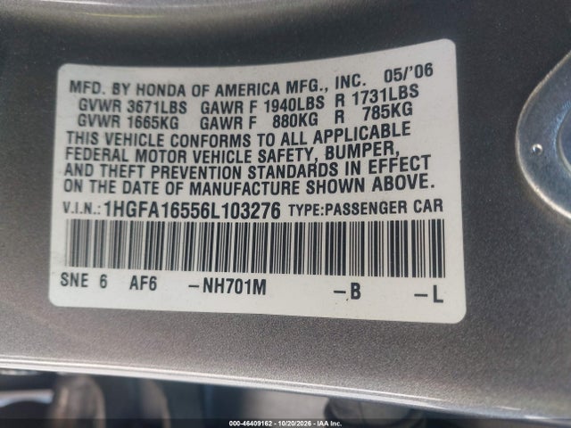 Aukcja sprzedaży 2006 Honda Civic Lx, vin: 1HGFA16556L103276, numer aukcji: 46409162