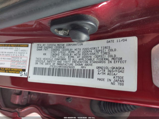 Aukcja sprzedaży 2005 Toyota 4runner Sr5 V6, vin: JTEZU14R558029220, numer aukcji: 46409186