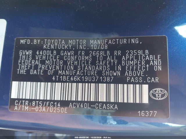 46409196 :رقم المزاد ، 4T1BE46K19U371387 vin ، 2009 Toyota Camry Se مزاد بيع