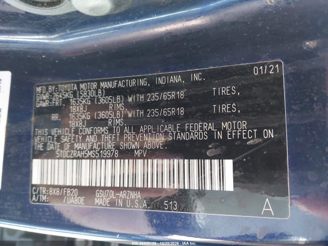 Aukcja sprzedaży 2021 Toyota Highlander L, vin: 5TDCZRAH5MS519978, numer aukcji: 46409198