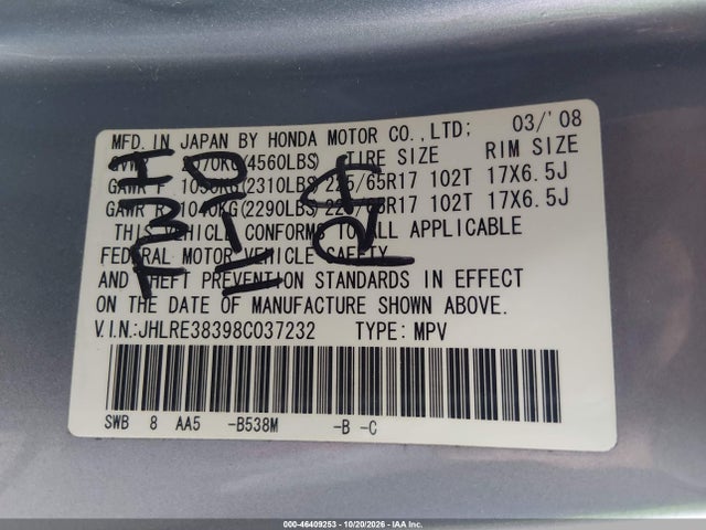 Aukcja sprzedaży 2008 Honda Cr-v Lx, vin: JHLRE38398C037232, numer aukcji: 46409253