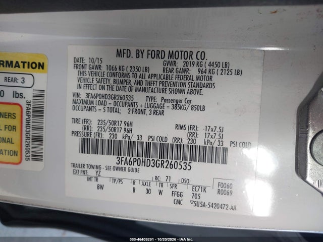 2016 Ford Fusion Se მანქანა იყიდება აუქციონზე, vin: 3FA6P0HD3GR260535, აუქციონის ნომერი: 46409291