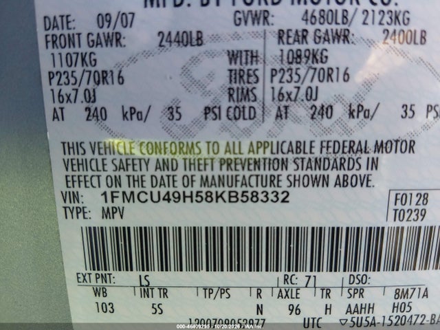 Продажа на аукционе авто 2008 Ford Escape Hybrid, vin: 1FMCU49H58KB58332, номер лота: 46409295
