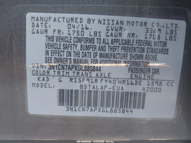 Aukcja sprzedaży 2016 Nissan Versa 1.6 S, vin: 3N1CN7APXGL885844, numer aukcji: 46409346