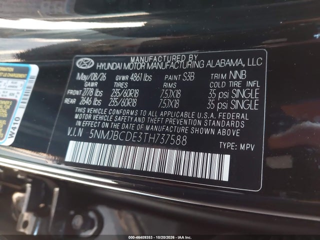 Продаж на аукціоні авто 2026 Hyundai Tucson Sel, vin: 5NMJBCDE3TH737588, номер лоту: 46409353