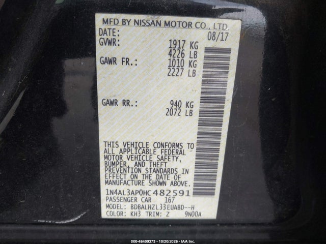 Aukcja sprzedaży 2017 Nissan Altima 2.5 Sr, vin: 1N4AL3AP0HC482591, numer aukcji: 46409373