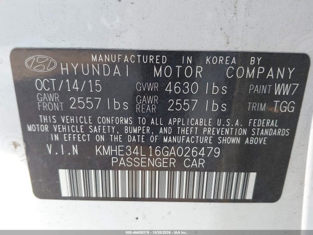 2016 Hyundai Sonata Hybrid Limited მანქანა იყიდება აუქციონზე, vin: KMHE34L16GA026479, აუქციონის ნომერი: 46409376