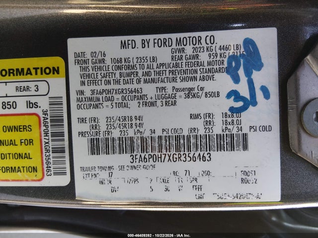 2016 Ford Fusion Se მანქანა იყიდება აუქციონზე, vin: 3FA6P0H7XGR356463, აუქციონის ნომერი: 46409392
