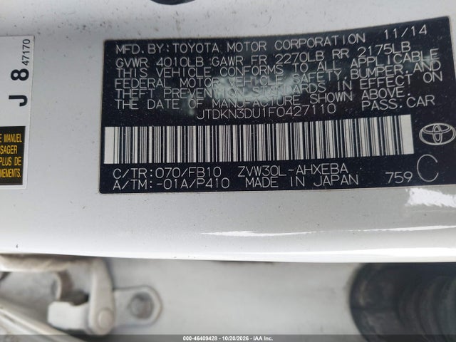Aukcja sprzedaży 2015 Toyota Prius, vin: JTDKN3DU1F0427110, numer aukcji: 46409428