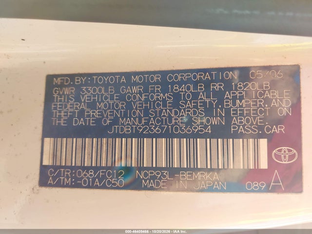 46409466 :رقم المزاد ، JTDBT923671036954 vin ، 2007 Toyota Yaris مزاد بيع