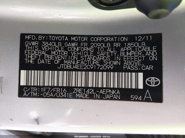 Продаж на аукціоні авто 2012 Toyota Corolla Le, vin: JTDBU4EE2C9172099, номер лоту: 46409553