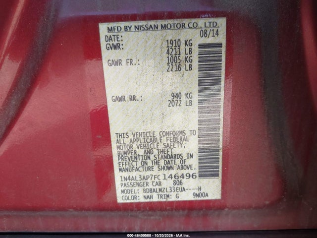 2015 Nissan Altima 2.5/2.5 S/2.5 Sl/2.5 Sv მანქანა იყიდება აუქციონზე, vin: 1N4AL3AP7FC146496, აუქციონის ნომერი: 46409588