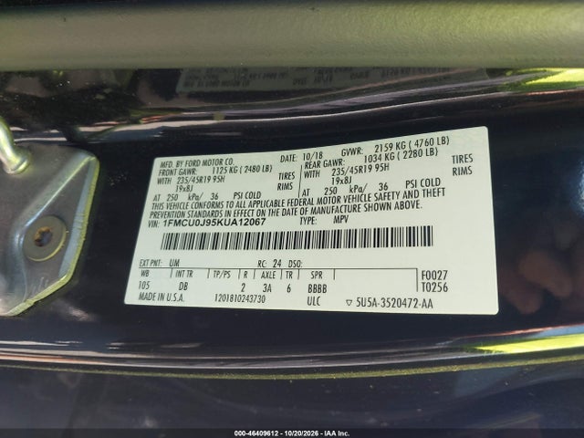 Продаж на аукціоні авто 2019 Ford Escape Titanium, vin: 1FMCU0J95KUA12067, номер лоту: 46409612
