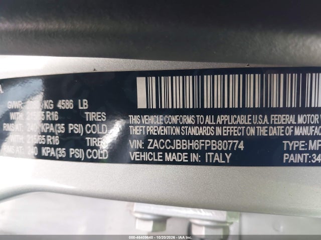 Продаж на аукціоні авто 2015 Jeep Renegade Latitude, vin: ZACCJBBH6FPB80774, номер лоту: 46409640