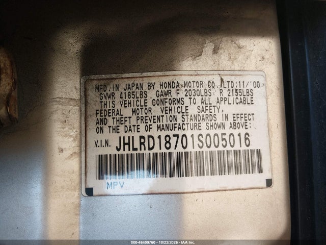 46409760 :رقم المزاد ، JHLRD18701S005016 vin ، 2001 Honda Cr-v Special Edition مزاد بيع
