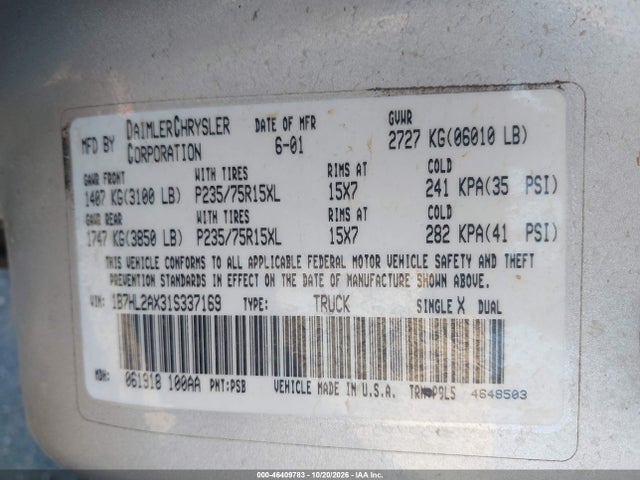 Продаж на аукціоні авто 2001 Dodge Dakota Slt/sport, vin: 1B7HL2AX31S337169, номер лоту: 46409783