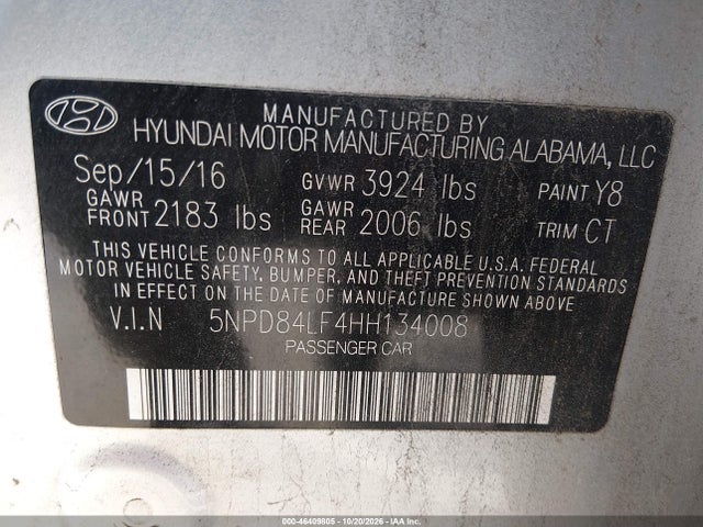 2017 Hyundai Elantra Value Edition მანქანა იყიდება აუქციონზე, vin: 5NPD84LF4HH134008, აუქციონის ნომერი: 46409805