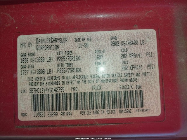 46409864 :رقم المزاد ، 3B7HC13Y4YG142795 vin ، 2000 Dodge Ram 1500 St مزاد بيع
