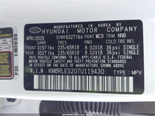 Продажа на аукционе авто 2026 Hyundai Palisade Sel 7p, vin: KM8RLES20TU119430, номер лота: 46409922
