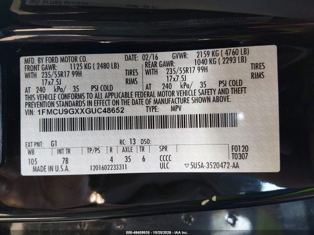Aukcja sprzedaży 2016 Ford Escape Se, vin: 1FMCU9GXXGUC48652, numer aukcji: 46409938