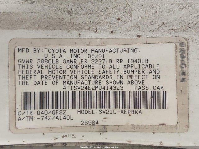 Aukcja sprzedaży 1991 Toyota Camry, vin: 4T1SV24E2MU414323, numer aukcji: 46410021