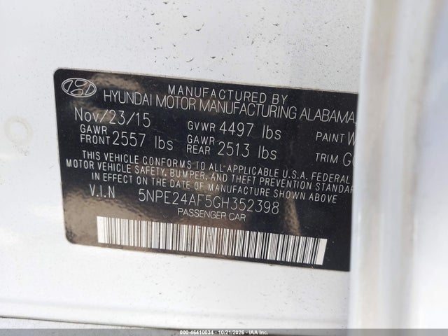 2016 Hyundai Sonata Se მანქანა იყიდება აუქციონზე, vin: 5NPE24AF5GH352398, აუქციონის ნომერი: 46410034