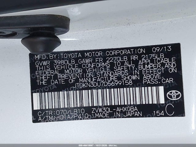 Продаж на аукціоні авто 2013 Toyota Prius Five, vin: JTDKN3DU7D5699158, номер лоту: 46410067