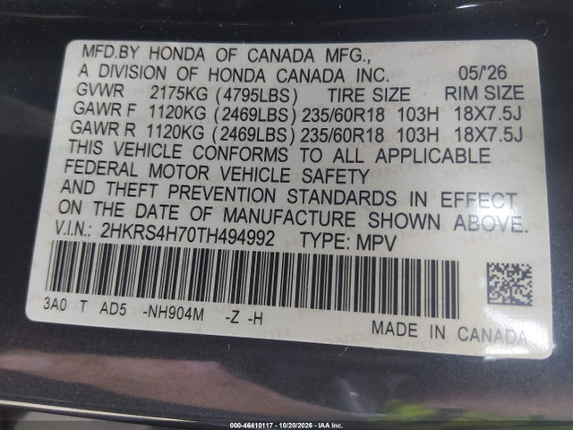 46410117 :رقم المزاد ، 2HKRS4H70TH494992 vin ، 2026 Honda Cr-v Ex-l Awd مزاد بيع