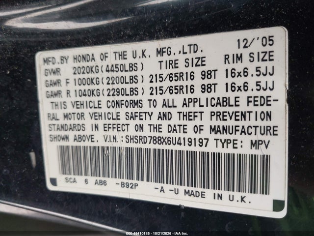 Продаж на аукціоні авто 2006 Honda Cr-v Ex, vin: SHSRD788X6U419197, номер лоту: 46410185