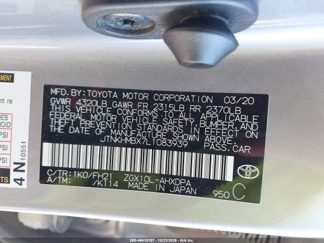 46410197 :رقم المزاد ، JTNKHMBX7L1083939 vin ، 2020 Toyota C-hr Le مزاد بيع