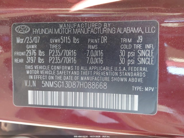 Aukcja sprzedaży 2007 Hyundai Santa Fe Gls, vin: 5NMSG13D87H088668, numer aukcji: 46410235
