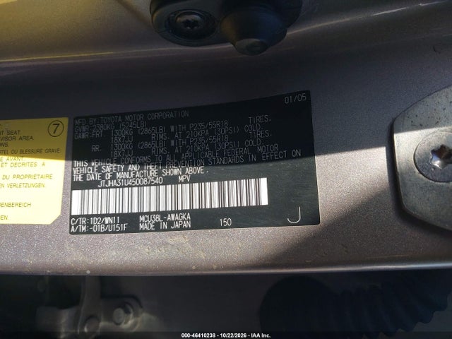 46410238 :رقم المزاد ، JTJHA31U450087540 vin ، 2005 Lexus Rx 330 مزاد بيع